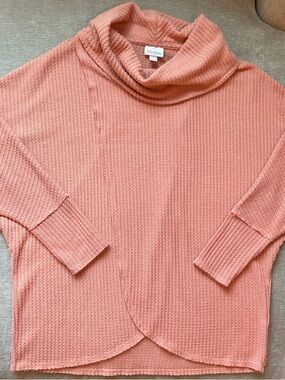 Cowl Neck Waffle Knit Overlap Sweater - Coral Size Small